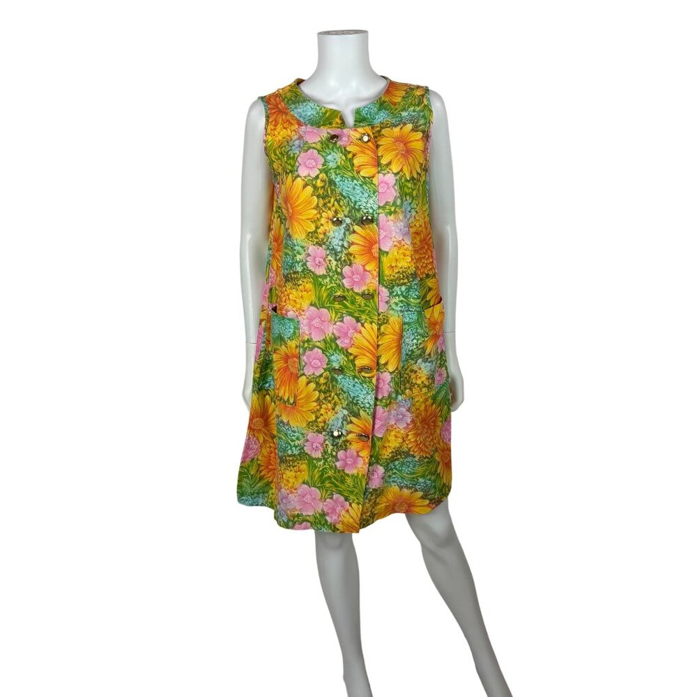 Vintage 60s Floral Shift M Colorful Print Button Down Maximalist House Dress
